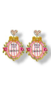 Beaded Pink Press For Champagne Door Bell Sign Statement Earrings with Heart Rhinestone Topper