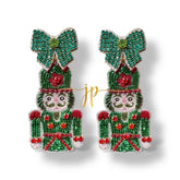 Enchanted Evergreen Green and Red Nutcracker Beaded Rhinestone Earrings
