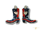 Game Day Red and Blue Beaded Rhinestone Boot Stud Earrings with Hearts