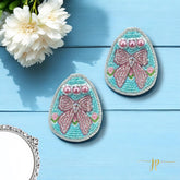 Beaded Blue Easter Egg Stud Earrings with Pink Bows, Pearls, and Roses