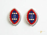 Blue and Red Beaded Football Stud Earrings
