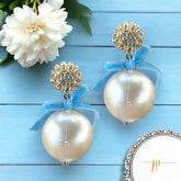 Velvet Blue Bow Pearl Drop Earrings