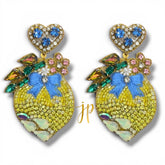 Italian Coast Lemon Statement Earrings with Blue Rhinestone Heart Topper, Italian Coastal Jewelry