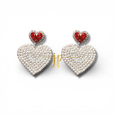 Pearl Heart Beaded Drop Earrings with Red Rhinestone Topper