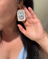Mahjong Tile Blue and White Chinoiserie Porcelain Ginger Jar Beaded Earrings with Pink Bows and Gold Rhinestone Heart Toppers