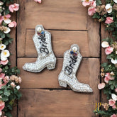 Bride Beaded White Boot Stud Earrings with Rhinestones