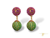 Serena Double Ball Pave Green and Purple Rhinestone Dangle Earrings