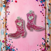 Rodeo Queen Beaded Rhinestone Pink Cowgirl Boot Stud Earrings with Hearts