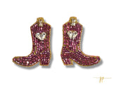 Game Day Purple and Gold Beaded Rhinestone Boot Stud Earrings with Hearts
