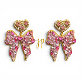 Light Pink Beaded Rhinestone Bow Earrings with Heart Topper