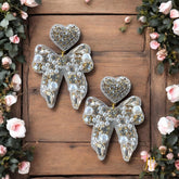 White Beaded Rhinestone and Pearl Bow Earrings with Heart Topper