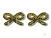Game Day Green and Gold Rhinestone String Bow Beaded Stud Earrings