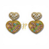 Italian Gelato Mosaic Heart Beaded Earrings with Rhinestone Heart Toppers, Italian Coastal Jewelry