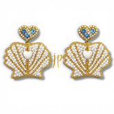 Pearl Shell Heart Beaded Statement Earrings with Blue Rhinestone Heart Toppers, Italian Coastal Jewelry