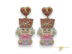 Frosted Pink Nutcracker Beaded Rhinestone Earrings