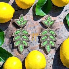 Eloise Light Green Leaf Shaped Rhinestone Raffia Earrings