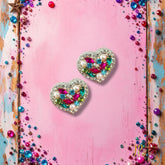 Rodeo Queen Beaded Multicolored Jeweltone Rhinestone Heart Stud Earrings