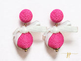 Hot Pink Lilly Raffia Lantern Ball Earrings with White Velvet Bows