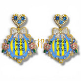 Press for Vino Door Bell Beaded Statement Earrings with Blue Bow Rhinestones, Italian Coastal Jewelry