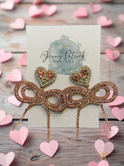 Pink Rhinestone String Bow Earrings with Heart Toppers