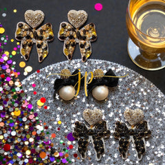 Black Beaded Rhinestone Bow Earrings with Heart Topper for New Years