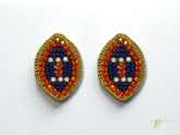 Navy Blue and Orange Beaded Football Stud Earrings
