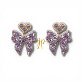 Lavender Beaded Rhinestone Bow Earrings with Heart Topper