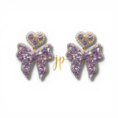 Lavender Beaded Rhinestone Bow Earrings with Heart Topper