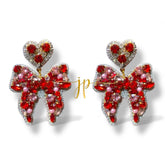 Red and Pink Beaded Rhinestone Bow Earrings with Heart Topper