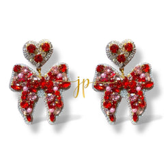 Red and Pink Beaded Rhinestone Bow Earrings with Heart Topper