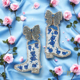Porcelain Blue and White Rose Toile Pattern Coquette Cowboy Boot Earrings with Rhinestone Bows