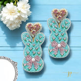 Beaded Blue Coquette Tulip Easter Bunny Earrings with Rhinestone Heart Toppers