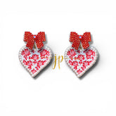 Porcelain Red and White Toile Pearl Heart Earrings with Pink Rhinestone Bow Toppers