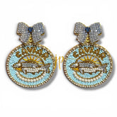 Blue Caviar Sardine Beaded Statement Earrings with Pink Bow Rhinestones, Italian Coastal Jewelry