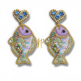Iridescent Mediterranean Orata Fish Earrings with Blue Rhinestone Heart Toppers, Italian Coastal Jewelry