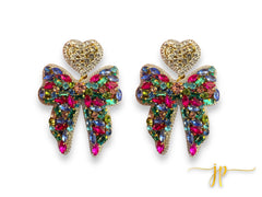 Jeweltoned Multicolored Bow Beaded Rhinestone Earrings