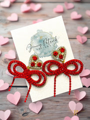Red Rhinestone String Bow Earrings with Heart Toppers