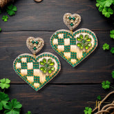 Green and White Checkered Heart Beaded Earrings with Rhinestone and Raffia and Heart Toppers