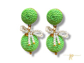 Lime Green Raffia Lantern Ball Earrings with White Pearl Bows