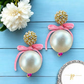 Velvet Pink Bow Pearl Drop Earrings