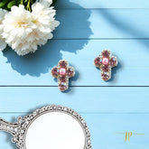 Pink Rhinestone Cross Beaded Easter Stud Earrings with Pink Pearl Bead