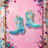 Rodeo Queen Beaded Rhinestone Blue Rodeo Boot Stud Earrings with Hearts