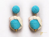 Aqua Lilly Raffia Lantern Ball Earrings with White Velvet Bows