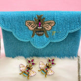 Queen Bee Teal Rhinestone Clutch Handbag
