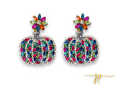 Jewel-Toned Harvest Rhinestone Beaded Pumpkin Statement Earrings