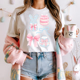 Easter Cute Pastel Blue & Pink Bunny, Pearls, Bows, & Macarons Printed Ladies T-Shirt