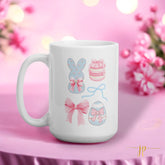 Easter Cute Pastel Blue and Pink Bunny, Pearls, Bows, and Macarons Printed White Glossy Mug