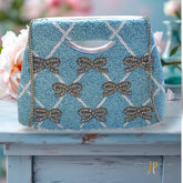 Blue Coquette Beaded Bow Rhinestone Structured Box Clutch Crossbody Handbag with Cut-Out Handle