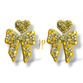 Yellow Beaded Rhinestone Bow Earrings with Heart Topper