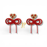 Red Rhinestone String Bow Earrings with Heart Toppers